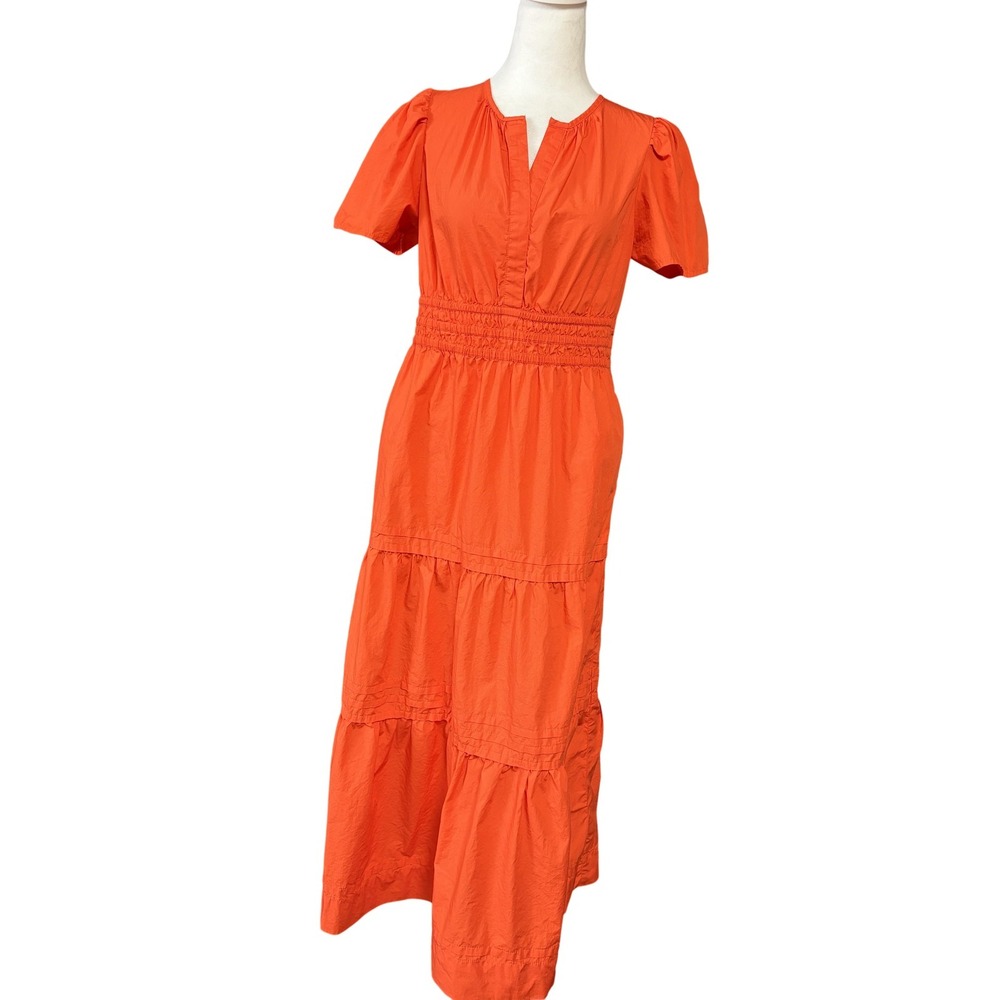 Quince Maxi Dress Womens S Orange Organic Cotton Tiered Puff Sleeve Pockets